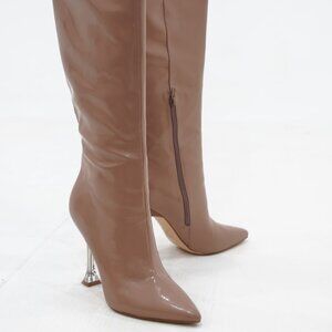 Glossy Nude Faux Patent Leather Heeled Knee Boots Side Zipper